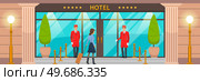 Doormen in red uniform next to door inviting to hotel. Girl with suitcase near entrance to building. Main front entrance to luxury hotel. Staff and guest of establishment near large building. Doormen in red uniform next to door inviting female guest. Main front entrance to luxury hotel. Стоковая иллюстрация, агентство Ingram Publishing / Фотобанк Лори