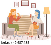 Smiling friends drinking tea at home Happy women laughing and gossiping sit on comfortable couch. People spending time together having friendly conversation. Female characters relax and communicate. Smiling friends drinking tea and talking at home Happy women laughing and gossiping sit on couch. Стоковая иллюстрация, агентство Ingram Publishing / Фотобанк Лори