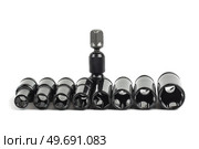 Top view of a set of chrome vanadium sockets for a ratchet, wrench, or spanner, isolated on white background. Стоковое фото, фотограф Корнеев Вячеслав / Фотобанк Лори