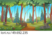 Forest glade with greenery and wild animal. Landscape of nature, plants, flora and fauna of natural area. learing with brown bear. Forest view, outdoor recreation place. Scenery with meadow, wildlife. Forest glade with greenery and wild animal, bear. Landscape of nature with flora and fauna. Стоковая иллюстрация, агентство Ingram Publishing / Фотобанк Лори