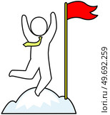 Success banner web icon, man with flag standing on top of mountain, striving for goal, planning, target. Strategy, doing, teamwork, consistency for success, personal achievements on way to victory. Success banner web icon, man with flag standing on top of mountain, striving for goal, planning. Стоковая иллюстрация, агентство Ingram Publishing / Фотобанк Лори
