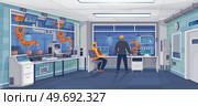 Operational people during smart futuristic factory work process. Industrial manufacturing, production conveyor. Robot assembly, use of artificial intelligence technology in global production. Use of robotic artificial intelligence in global production. Smart futuristic factory work process. Стоковая иллюстрация, агентство Ingram Publishing / Фотобанк Лори