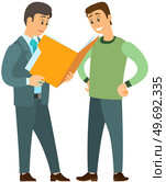 Two men talk, discussion, exchange of ideas, teamwork, and office meeting, team building concept. Boss tells subordinate manager action plan, reads document, business colleagues communicating. Two men talk, discussion, exchange of ideas, teamwork, and office meeting, team building concept. Стоковая иллюстрация, агентство Ingram Publishing / Фотобанк Лори