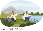 Man exploring nature, analyzing river water. Researcher takes samples of biomaterial. Environmental and ecology research. Scientist conducts ecological experiment. Explorers work with water in lake. Man exploring nature, analyzing river water. Researcher takes samples of biomaterial for research. Стоковая иллюстрация, агентство Ingram Publishing / Фотобанк Лори