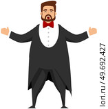 Opera singer male character sing song, man in black tuxedo at concert. Vector flat vocalist classical artist dressed in tailcoat performs in theater in front of audience. Listeners enjoy tenor singing. Opera singer character sing song. Vector flat vocalist classical artist dressed in tailcoat. Стоковая иллюстрация, агентство Ingram Publishing / Фотобанк Лори