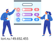 People cooperating and presenting scheme. Workers communicating, discussing plan icon and talking about work strategy in business. Characters demonstrates business diagram vector illustration. People cooperating and presenting scheme. Workers communicating, discussing business plan icon. Стоковая иллюстрация, агентство Ingram Publishing / Фотобанк Лори
