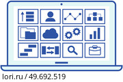 Technical support services for PC concept. Computer app, shortcut icons on screen vector illustration. Program for working with maintenance, software development. Installation of technology settings. Computer app, shortcut icons on screen. Programs for working with maintenance, software, settings. Стоковая иллюстрация, агентство Ingram Publishing / Фотобанк Лори