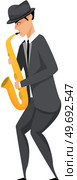 Jazz musician saxophone player with sax stands on white background. Vector man in suit playing musical instrument. Saxophonist playing on blowing musical instrument jazzman, brass orchestra concert. Jazz musician saxophone player with sax in costume. Vector man in suit playing musical instrument. Стоковая иллюстрация, агентство Ingram Publishing / Фотобанк Лори