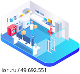 Home appliances and domestic equipment store in shopping mall, washing machine, refrigerator for home use, microwave and kettle for kitchen room. Electronic retail, exhibition of new models of device. Home appliances and domestic equipment store washing machine, refrigerator, microwave and kettle. Стоковая иллюстрация, агентство Ingram Publishing / Фотобанк Лори