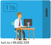 Business man uploading data files into external hard disk drive, modern technology allows work with large amounts of information. Businessman entrepreneur in suit sitting with computer at office desk. Business man uploading large data files into external hard disk, information storage technologies. Стоковая иллюстрация, агентство Ingram Publishing / Фотобанк Лори