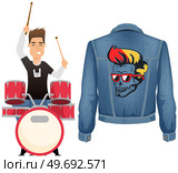 Guy drummer at drum. Brutal man playing with sticks on drums and cymbals flat style design. Talented happy musician. Musical art concept, rock music equipment and stylish rocker denim jacket. Guy drummer musician at drum. Brutal man playing with sticks on drums and cymbals, rock music. Стоковая иллюстрация, агентство Ingram Publishing / Фотобанк Лори