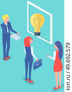 People work with technology and data. Colleagues communicating and discussing new startup. Employees work with idea, search for solution. Light bulb as symbol of new idea for business development. Colleagues communicating and discussing new startup. Employees work with idea, search for solution. Стоковая иллюстрация, агентство Ingram Publishing / Фотобанк Лори