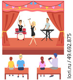 Musicians modern rock group perform on stage. Drummer, keyboardist and happy young girl singer. Acoustic concert, men with instrument at performance with happy fans joyful spectators, musical band. Musicians rock group perform on stage. Drummer, keyboardist and happy young girl singer on concert. Стоковая иллюстрация, агентство Ingram Publishing / Фотобанк Лори