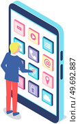 Man interacts with screen digital device presses app button on smartphone. Mobile phone, tablet with interface. Concept of business assistance. Interactive touch screen with application, phone service. Man interacts with screen digital device presses app button on smartphone. Interactive touch screen. Стоковая иллюстрация, агентство Ingram Publishing / Фотобанк Лори