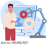 Businessman conducting experiments with mechanical arm. Artificial intelligence for startup development. Robotic arm for lifting weights, production work. Modern technologies for new business project. Businessman conducts experiment with mechanical arm. Artificial intelligence for startup development. Стоковая иллюстрация, агентство Ingram Publishing / Фотобанк Лори
