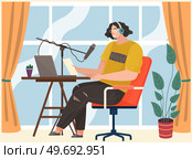 Streaming, broadcast, radio host. Female podcaster, broadcaster, blogger working in studio. Interview, podcast, audio recording with microphone equipment. Woman during live stream vector illustration. Female podcaster, broadcaster, blogger working in studio. Podcast, audio recording with microphone. Стоковая иллюстрация, агентство Ingram Publishing / Фотобанк Лори