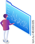Analytics information and development statistics. Web analysis measure, product testing technology. Man analyses dashboard seo optimization, digital report. Statistical indicators and data on diagram. Man analyses digital report with data. Statistical indicators and graphic information visualization. Стоковая иллюстрация, агентство Ingram Publishing / Фотобанк Лори
