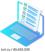 To do list or planning icon. All tasks are completed. Paper sheets with check marks, abstract text and marker hanging on open laptop. Concept of completed work on computer, checklist, success report. To do list or planning icon. All tasks are completed. Paper sheets with check marks on open laptop. Стоковая иллюстрация, агентство Ingram Publishing / Фотобанк Лори