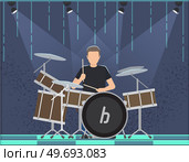 Guy drummer at drum. Brutal man playing with sticks on drums and cymbals flat style design. Talented happy musician, musical show. Musical art concept, member of rock group, music equipment on stage. Guy drummer musician at drum. Brutal man playing with sticks on drums and cymbals, rock music. Стоковая иллюстрация, агентство Ingram Publishing / Фотобанк Лори