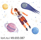 Astronaut woman with jet backpack flying among planets. Lady dressed as spaceman dreams about space. Girl with self made jetpack flying to sky. Person in costume of space explorer. Astronaut woman with jet backpack flying among planets. Lady dressed as spaceman dreams about space. Стоковая иллюстрация, агентство Ingram Publishing / Фотобанк Лори