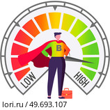 Strength level, man in superman costume stands near scale that measures size of skills from low to high. Abstract meter read level of progress strength. Color scale with arrow. The measuring device. Strength level, man in superman costume stands near scale, measures size of skills from low to high. Стоковая иллюстрация, агентство Ingram Publishing / Фотобанк Лори