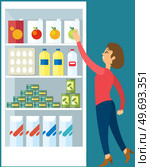 Flat food cold storage refrigerator kitchen furniture. Open fridge technical refrigeration device. Cabinet cooler with healthy food, water, milk, vegetables. Illustration fridge with food on shelf. Flat food storage refrigerator kitchen furniture vector. Open fridge technical refrigeration device. Стоковая иллюстрация, агентство Ingram Publishing / Фотобанк Лори