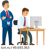 Boss gives instructions to subordinates at workplace, work of department, company. Group of clerks at computer. Managers, colleagues, office workers. Characters busy, people works with laptop. Boss gives instructions to subordinates at workplace, work of department, company teamwork. Стоковая иллюстрация, агентство Ingram Publishing / Фотобанк Лори