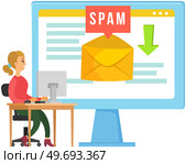 Spamming mailbox concept, email on screen of monitor. Email box hacking, spam warning concept. Virus enters computer, piracy, hacking and security. Woman receiving email with spam is terrified. Spamming mailbox concept, email on screen of monitor. Email box hacking, spam warning concept. Стоковая иллюстрация, агентство Ingram Publishing / Фотобанк Лори