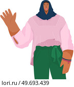 People greeting gesture. Nations representatives waving hand saying hi. Muslim woman say hello and gesturing in friendly way. Happy female character say welcome hi. Young moslem girl doing greet pose. Nations representatives waving hand saying hi. Muslim woman say hello and gesturing in friendly way. Стоковая иллюстрация, агентство Ingram Publishing / Фотобанк Лори