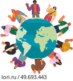 Happy people from all around world standing on globe, different representatives waving hands isolated illustration. Concept of international friendship, public solidarity, residence in any country. Happy people from all around world standing on globe, different representatives waving hands. Стоковая иллюстрация, агентство Ingram Publishing / Фотобанк Лори