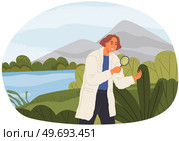 Woman exploring nature and making notes. Researcher analysing natural area. Environmental and ecology research. Scientist conducts ecological experiment. Explorer works researcher analyzes nature. Woman exploring nature and making notes. Explorer works researcher analyzes nature. Стоковая иллюстрация, агентство Ingram Publishing / Фотобанк Лори