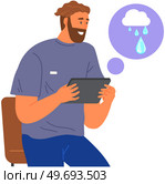Man checks weather and air temperature in application. Program with forecasts on tablet vector illustration. Guy using meteorological app with weather forecast. Climate change indicator, rain, thunder. Man checks weather and air temperature in application. Guy using meteorological app with forecast. Стоковая иллюстрация, агентство Ingram Publishing / Фотобанк Лори