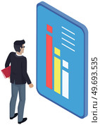 Analytics information and development statistics. Web analysis measure, product testing technology. Man analyses dashboard seo optimization, digital report. Statistical indicators and data on diagram. Man analyses digital report with data. Statistical indicators and graphic information visualization. Стоковая иллюстрация, агентство Ingram Publishing / Фотобанк Лори