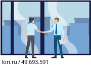 Business partnership cooperation beginning. Businessmen shaking hands after signing contract agreement. Business meeting of partners in office. Male colleagues discussing work and closing deal. Business partnership cooperation. Businessmen shaking hands after signing contract agreement. Стоковая иллюстрация, агентство Ingram Publishing / Фотобанк Лори
