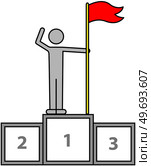Leadership and champion, person with flag standing on pedestal of honor, striving for goal, planning, target. Strategy, teamwork, consistency for success, personal achievements on way to victory. Leadership and champion, person with flag standing on pedestal of honor, striving for goal. Стоковая иллюстрация, агентство Ingram Publishing / Фотобанк Лори