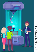 Excursion in scientific laboratory. Study of atomic structure in machinery, make research on professional equipment. Physical lesson in modern lab. Collider, developments in field of energy experiment. Excursion in scientific laboratory. Study of atomic structure in machinery, physical lesson in lab. Стоковая иллюстрация, агентство Ingram Publishing / Фотобанк Лори
