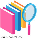 Searching for information in books, literature in library with magnifying glass. Stack of books with bookmarks. Concept of learning, business education with textbooks, knowledge in encyclopedia. Searching for information in books, literature in library with magnifying glass, knowledge. Стоковая иллюстрация, агентство Ingram Publishing / Фотобанк Лори