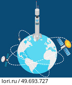 Cloud computing, networks structure, internet communication concept, signal and connection station network compounds, spaceships flying around planet earth, satellite global network provider. Cloud computing, networks structure, internet communication concept, signal and connection station. Стоковая иллюстрация, агентство Ingram Publishing / Фотобанк Лори