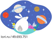 Cute white rabbit staring for falling stars at night sky. Cartoon hare looks at planets and setellites. Night light background, lovely animal in romantic dream. Rabbit looking at stars in space. White rabbit staring for falling stars at night sky. Cartoon hare looks at planets and setellites. Стоковая иллюстрация, агентство Ingram Publishing / Фотобанк Лори