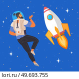 Astronaut man flying among planets and rockets. Guy dressed as spaceman in sky. Person in costume of space explorer flying near rocket. Outfit for holiday in cosmic style vector illustration. Astronaut man flying among planets and rockets. Guy in costume of space explorer, spaceman in sky. Стоковая иллюстрация, агентство Ingram Publishing / Фотобанк Лори