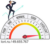 Personal development plan for career success, build specialist skill or competence to motivate and achieve business target, man walk up staircase on scale from poor to excellent to obtain target. Personal development for career success, build specialist skill motivate and achieve business target. Стоковая иллюстрация, агентство Ingram Publishing / Фотобанк Лори