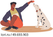 Pet owner male character plays with dog, trains dalmatian, feeds sausage. Caring for four-footed friend. Doggy and happy man friends isolated on white background. Fun domestic animal, human companion. Pet owner male character plays with dog, trains dalmatian, feeds sausage. Caring for animal friend. Стоковая иллюстрация, агентство Ingram Publishing / Фотобанк Лори