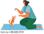 Pet owner female character plays with cat, conducts training session with him. Caring for four-footed friend. Tomcat and happy woman, friends. Fun domestic animal, human feeding companion at home. Pet owner female character plays with cat, conducts training session with him. Caring for kitty. Стоковая иллюстрация, агентство Ingram Publishing / Фотобанк Лори
