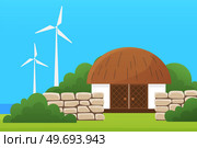 Farmyard, modern ecological farm vector illustration. Farm landscape with wind turbines, renewable energy sources. Barn on background of field, meadow. Organic farming, traditional agriculture concept. Farm landscape with wind turbines, renewable energy sources. Barn on background of field, meadow. Стоковая иллюстрация, агентство Ingram Publishing / Фотобанк Лори