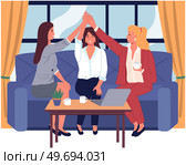Girls sitting on comfy sofa, talking. Happy smiling women chatting and relaxing on couch together. Business ladies during day off having rest at home. Recreation with friends, friendship concept. Happy smiling women chatting and relaxing on couch together. Business ladies during day off at home. Стоковая иллюстрация, агентство Ingram Publishing / Фотобанк Лори