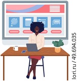 Workplace of african woman working from office. Employee uses laptop for project creation. Brainstorming lady at workspace vector illustration. Dark-skinned girl during work with internet data website. African girl during work with internet data website. Employee uses laptop for project creation. Стоковая иллюстрация, агентство Ingram Publishing / Фотобанк Лори
