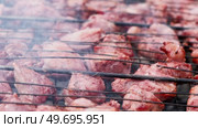 Pork Butt sliced on BBQ. Shish kebab. Pieces of pork on the grid, grilled meat with smoke. Food preparation process. Marinated spiced fillet meat cooked on charcoal barbeque grill. Outdoors cooking. Стоковое видео, видеограф Марина Демидюк / Фотобанк Лори