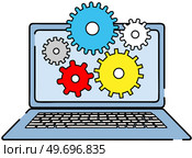 Technical support, computer service concept. Gear icons on screen software setup and repair. Program for working with device or maintenance of electronic equipment. Installation of technology settings. Technical support, computer service concept. Gear icons on screen, software setup and repair. Стоковая иллюстрация, агентство Ingram Publishing / Фотобанк Лори
