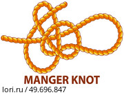 Yellow nautical rope knot, interweaving of ropes, cables, tapes or other flexible linear materials. Manager knot isolated on white. Household binding and fastening unit for permanent fastening. Yellow nautical rope knot, interweaving of ropes, cables, tapes or other flexible linear materials. Стоковая иллюстрация, агентство Ingram Publishing / Фотобанк Лори