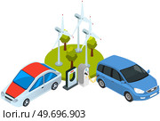 Modern electric smart car charging, automobile parking at charger station with plug in cable. Electrified future transportation e-motion. Environmentally friendly transport using renewable energy. Modern electric smart car charging, automobile parking at charger station with plug in cable. Стоковая иллюстрация, агентство Ingram Publishing / Фотобанк Лори